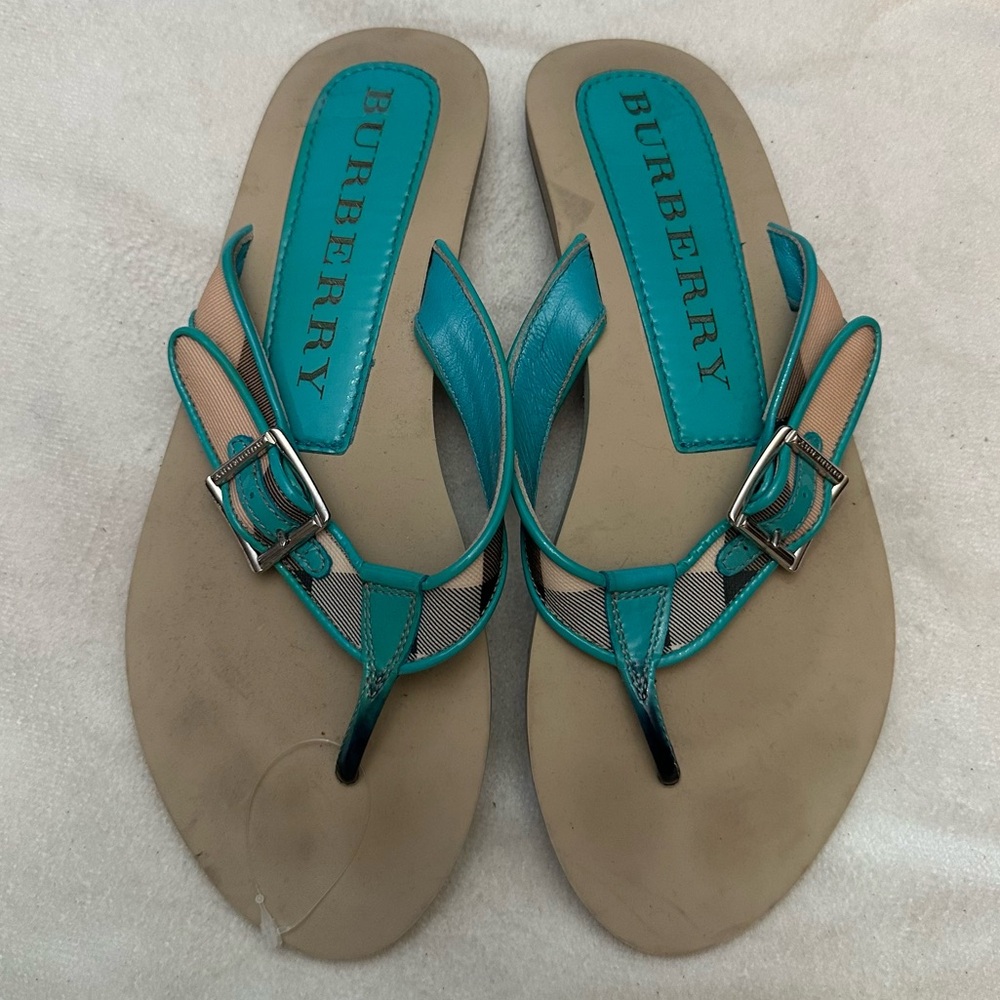 Burberry Turquoise Thong Sandals Nova Check Leather Buckle Flip Flops - Picture 2 of 7